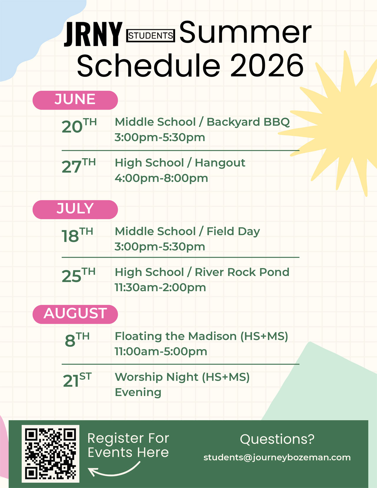 JRNY Students Summer Schedule 2026